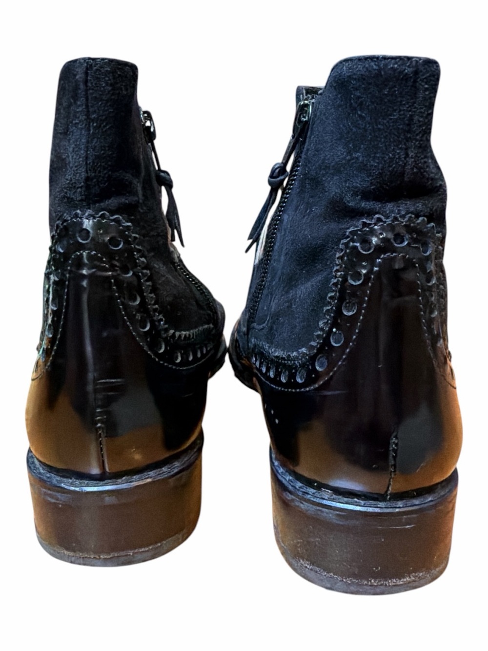 Stuart Weitzman Black Suede and Leather Brogue Ankle Boots - Picture 5 of 7
